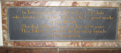 24. Wall tablet in memory of Bertha Drysdale.  Her son Roger's death is recorded on the Great War memorial tablet and Drysdale Close is  named in her honour.