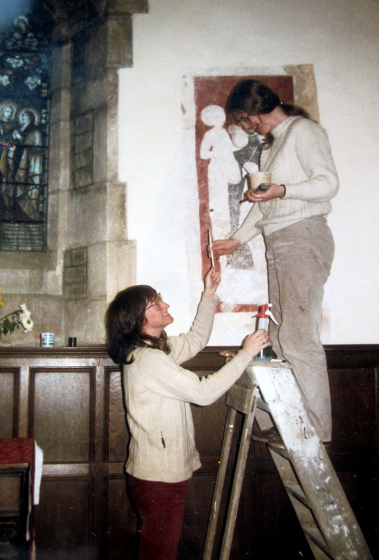 Eddie Sinclair and Anna Hulbert working on the painting of the Virgin and Child