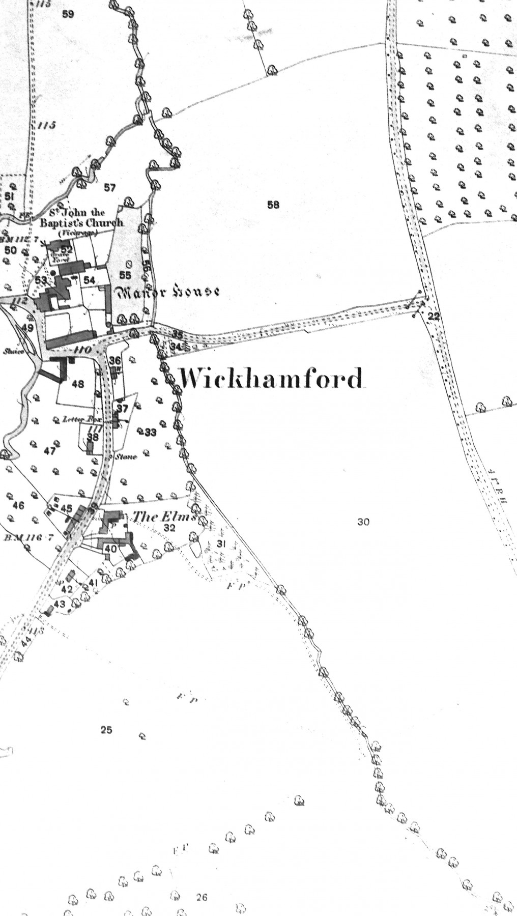 A detail showing the area around Wickhamford Manor