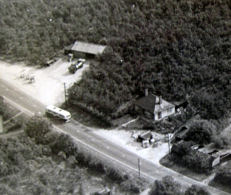 An aerial photograph from the 1950s showing a large shed where Peter and John Sutton ran a transport business taking fruit and vegetables to the mining valleys of South Wales.