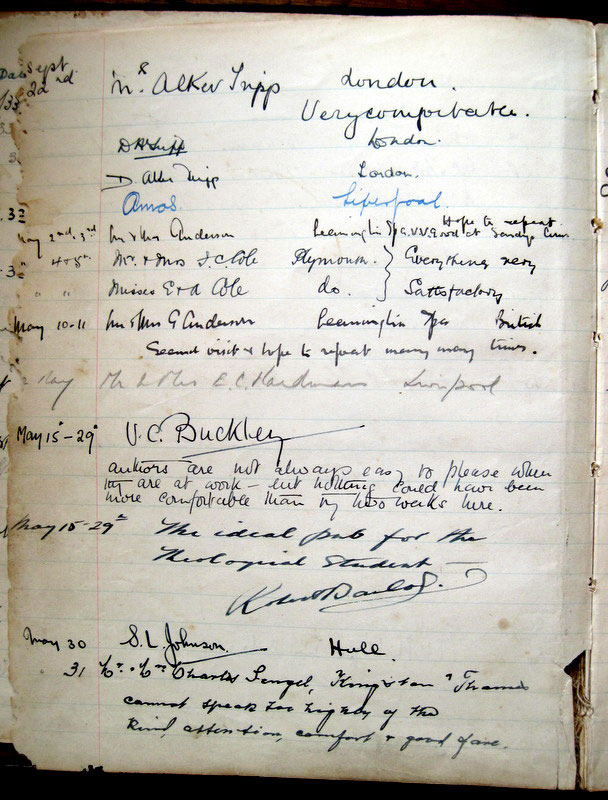 A page from the Sandys Arms visitors book from 1935, including an entry by the author V. C. Buckley, in May