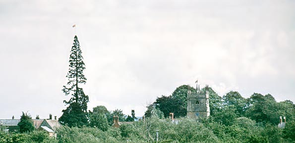 Flags fly from the tree and the church for the Silver Jubilee in June 1977.