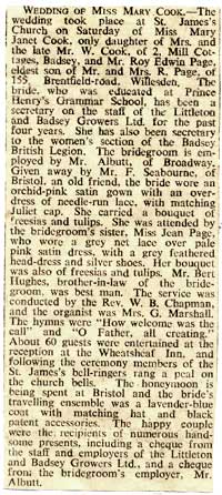 Marriage of Miss Mary Cook to Mr Edwin Page - newspaper cutting