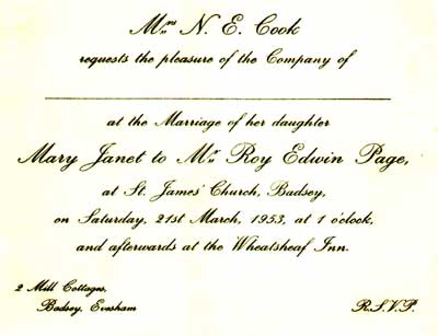 Wedding invitation - Mary Janet Cook to Mr Edwin Page, 1953
