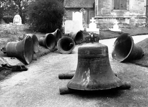 Badsey bells, including two later additions, awaiting their re-hanging by Taylors of Loughborough in 1951 after belfry repairs.