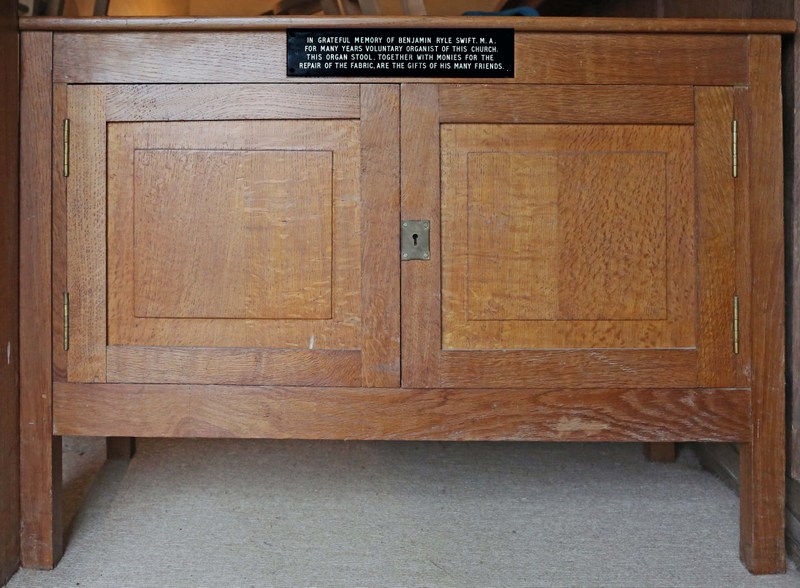 The organ stool presented to St John the Baptist Church, Wickhamford in memory of Benjamin Ryle Swift