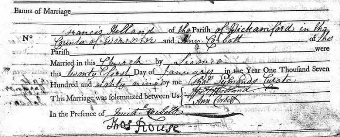 The Quinton marriage register entry for Francis Holland of Wickhamford and Ann Corbett