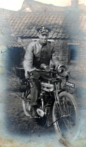 Private Norris Haines on a motor-bike in France during the Great War.