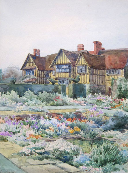 Oil painting of the sunken garden by Violet Lindsell. This probably dates from the 1930s. It shows the house with three gables, which is still has today as can be seen from this photograph taken in 2010.