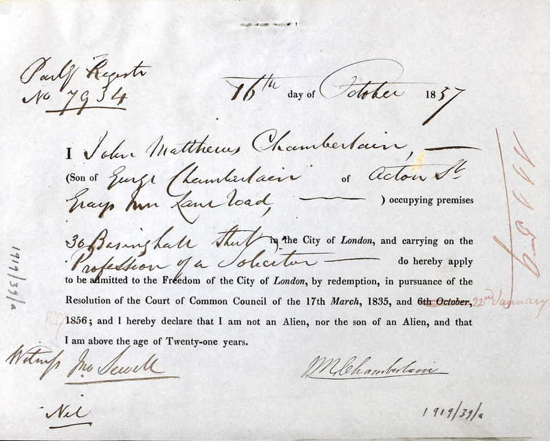 The application of John Matthews Chamberlain for Freedom of the City of London in October 1857