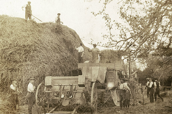 Agricultural workers bringing in the harvest with the help of some early machinery, but still a labour intensive task at about the time of the Great War