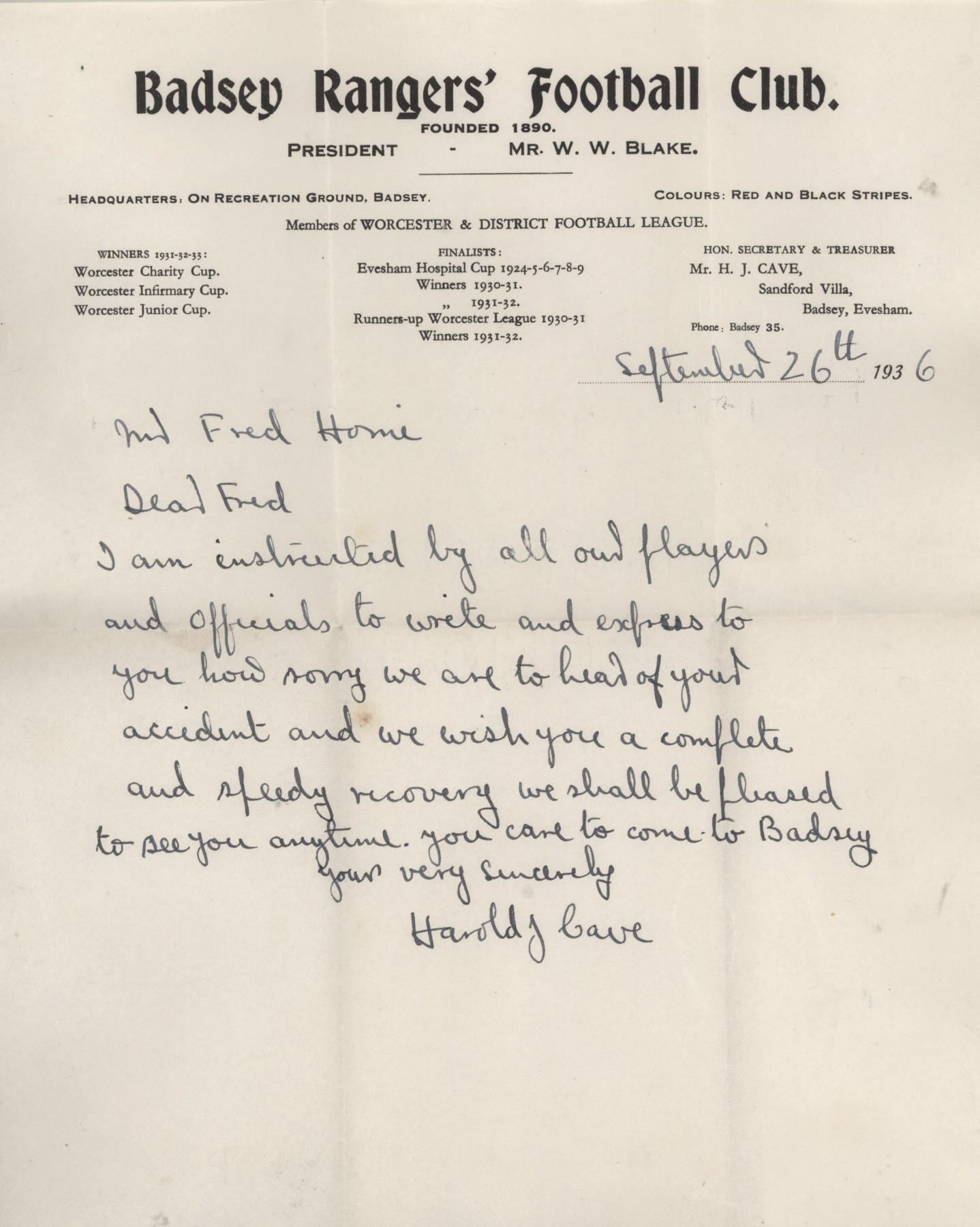Letter from Harold Cave 1936