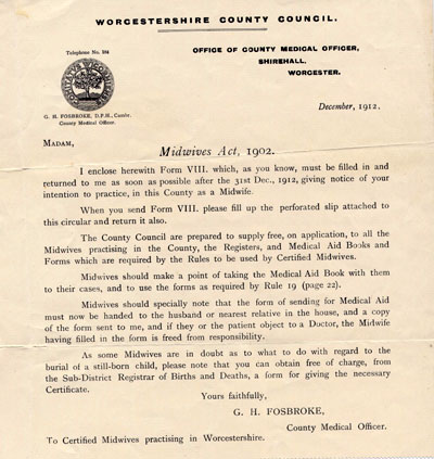 Letter from the County Medical Officer in December 1912 requesting Eliza to return a form if she wished to continue practising as a midwife