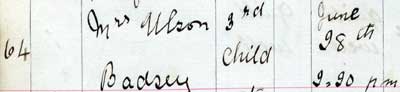 The entry for the confinement of Mrs Olsson of Badsey, who lived at Claybrook.