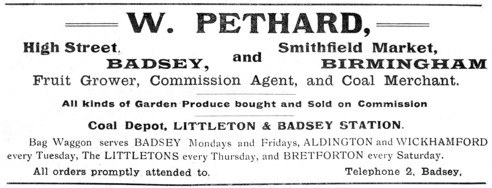 William Pethard's advert in the parish magazine