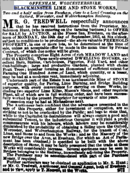 1853 Blackminster Lime Works Sale