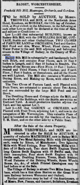 1863 Badsey Silk Mill sale