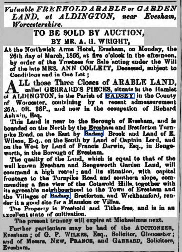 Auction notice in The Worcester Journal, Saturday 3rd March 1866.