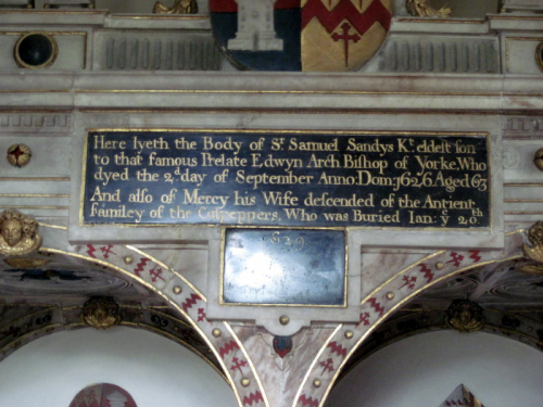 31. Sir Samuel Sandys, died 2nd Sept 1626, and Mercy who was buried on 20th Jan. 1629.  These dates are incorrect, as the burial register states that Samuel was buried on 20th August 1623 and Mercy on 26th January 1629.