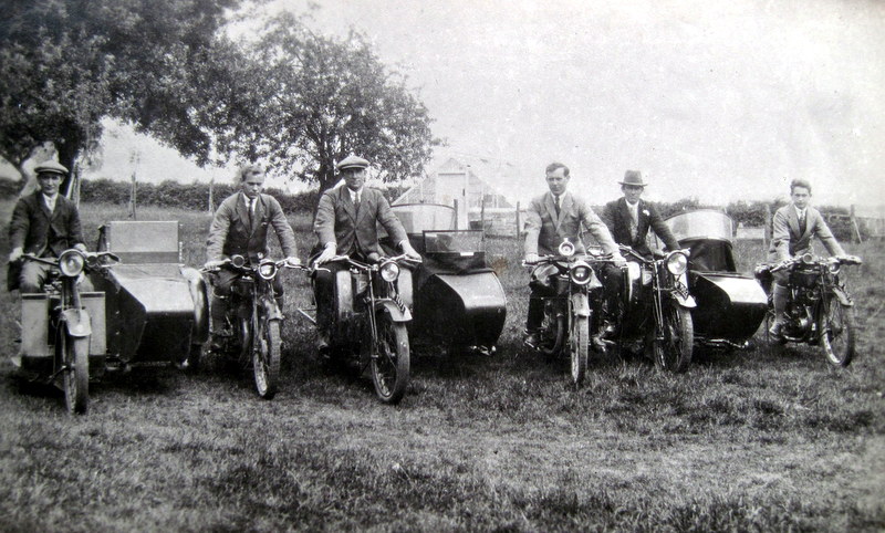 The Martin brothers were all keen motorcyclists and are seen here on Royal Enfield motorcycles. The three market gardening brothers have machines with sidecars – Charles on the left, George in the centre and Fred on the right.