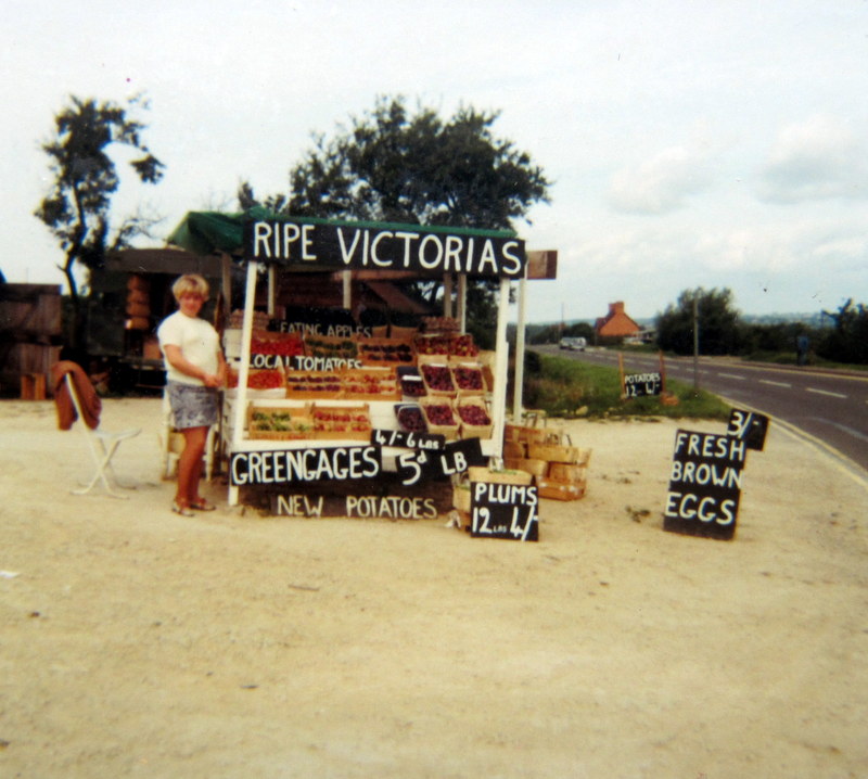 Jane Roberts, Les’ daughter, manning the stall, selling plums, new potatoes and eggs.