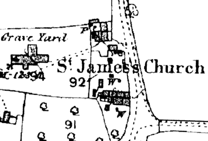 Part of the 1883 OS map for Badsey showing the east end of the churchyard.