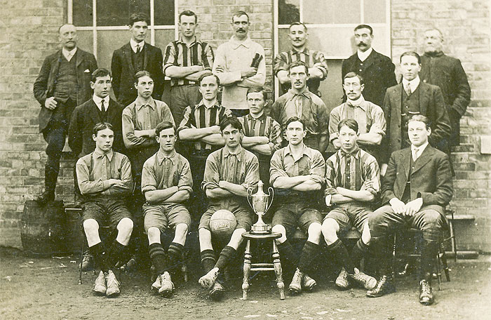 Badsey United FC 1912 - 1913. Names unknown. On the ball 'BUFC 1912 - 13'.