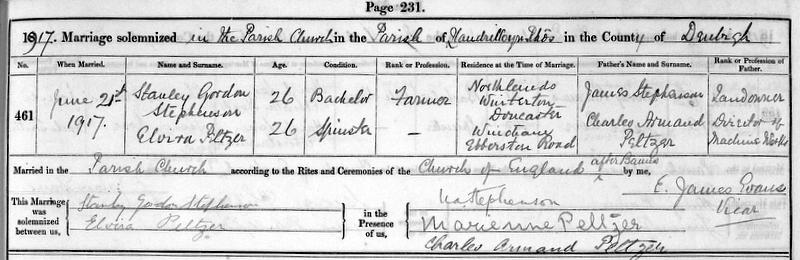 Church Register entry for the marriage of Stanley Gordon Stephenson and Elvira Peltzer on 21st June 1917.