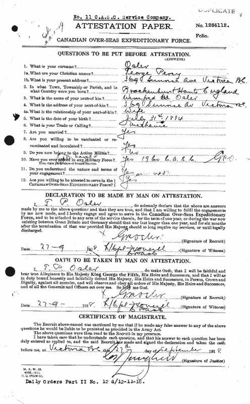 Attestation Paper for George Percy Osler 