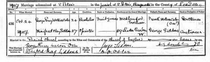 Marriage entry for George Osler and Winifred Siddons