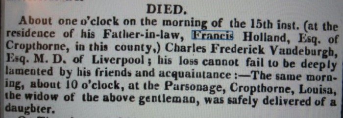 Newspaper death notice - Dr Charles Frederick Vandeburgh