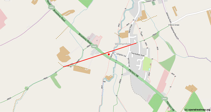 The line of the possible Roman road through Wickhamford