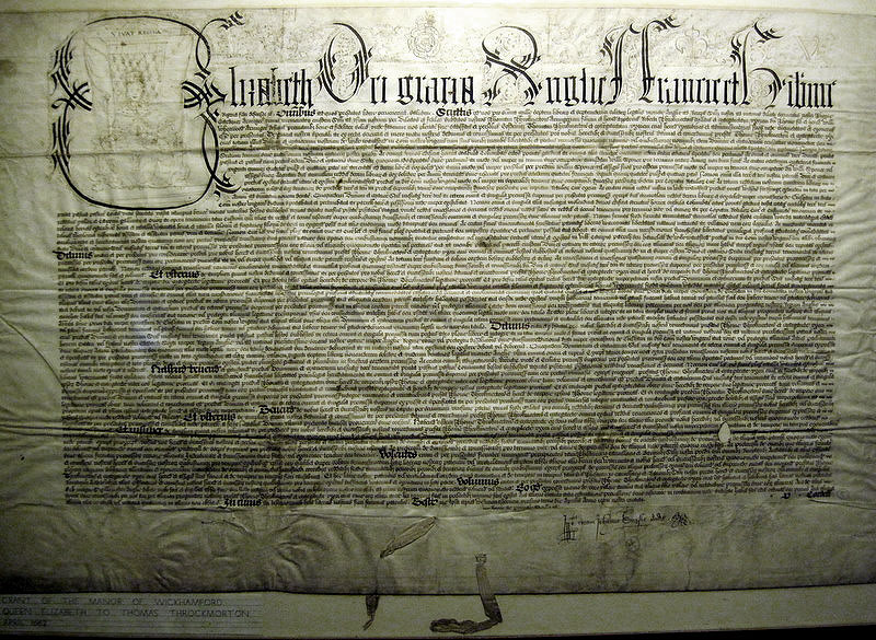 The 1562 document granting the Manor to Thomas Throckmorton by Queen Elizabeth