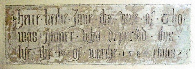 here lieth Jane the Wife of Thomas Sponer who departed this life the 10 of March 1584 etatis 74 (Memorial Tablet in Wickhamford Church)