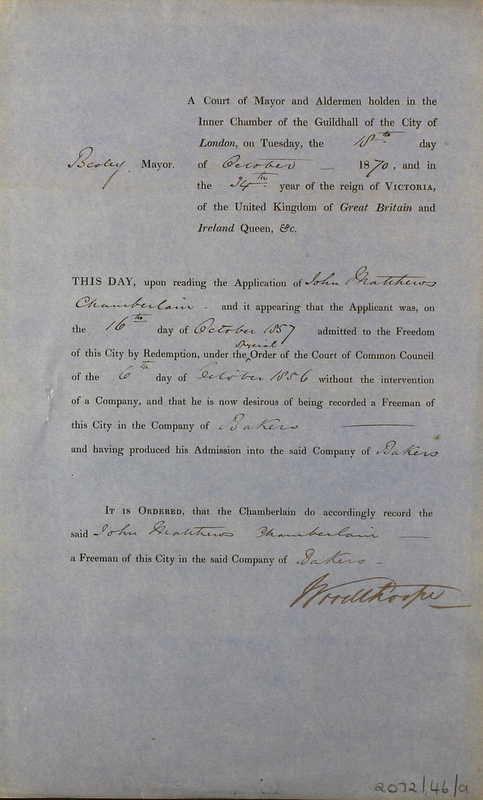 The appointment of John Matthews Chamberlain as a Freeman of the City of London in October 1857