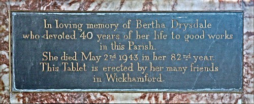 Memorial tablet for Bertha Drysdale in Wickhamford Church