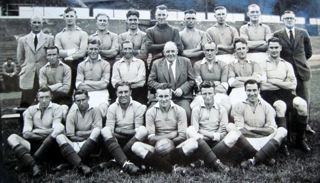 The Leicester City team in 1947-48. Jack Haines is in the front row on the far right and the future England manager, Don Revie, is in the front row with the football.