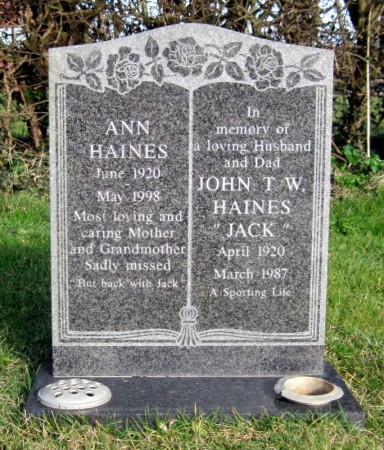 The grave of Jack and Ann Haines in Wickhamford Cemetery, with the appropriate epithet:- ‘A Sporting Life’.