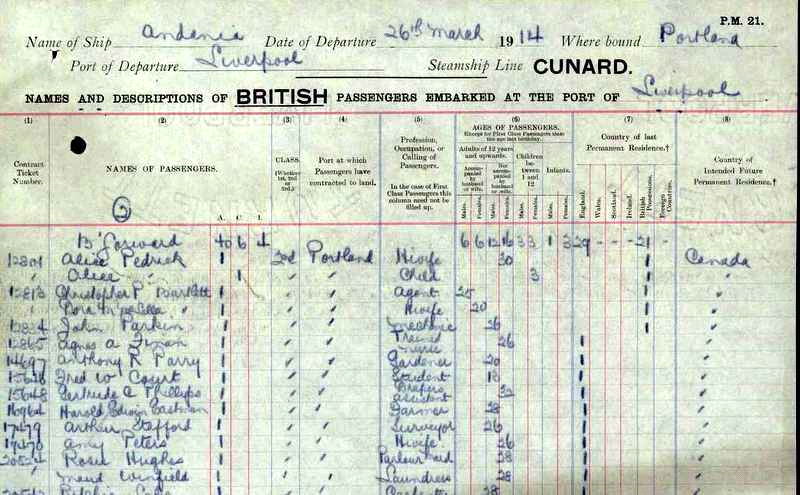 Anthony R. Parry’s name on the passenger list of the Andania in 1914.