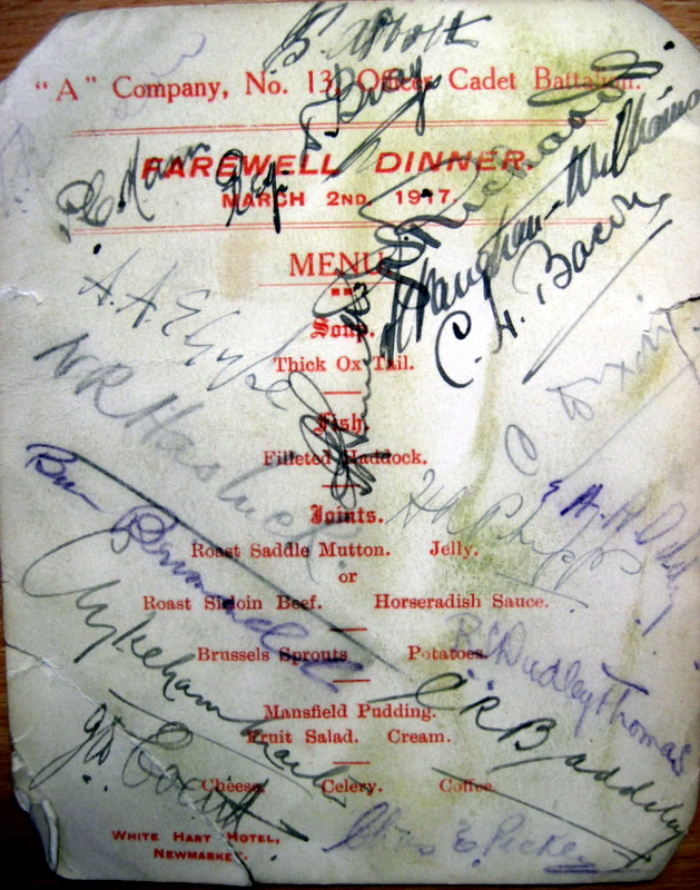 The officers of ‘A’ Company No 13 Officer Cadet Battalion signed this Farewell Dinner menu card on 2nd March 1917.