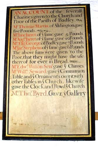 Charity Plaque in the Belfry, St James Church, Badsey