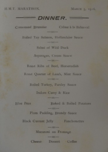 Gala Menu on HMS Marathon 1916