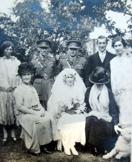 1923 wedding in Hampstead of John Mortimer Drysdale and Enid Gwladys Openshaw.  'Jack' Drysdale is the airman second left  and his mother, Bertha Dysdale is in front of him.  The Banns for the wedding were read in Wickhamford in late 1922.